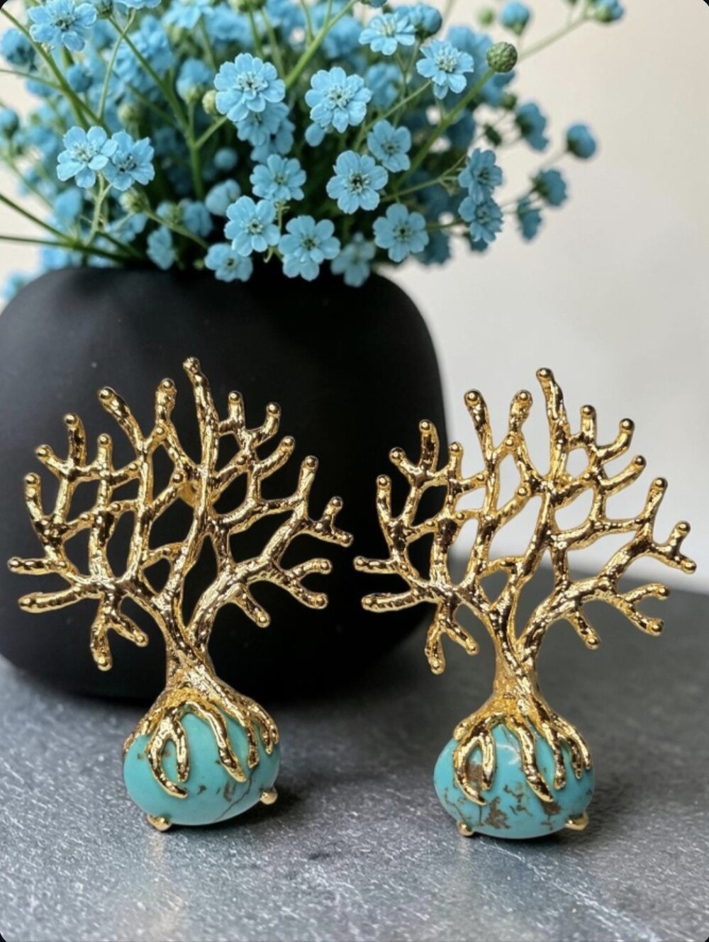 Exquisite 18k Gold Plated Tree Of Life Serenity Root Genuine Turquoise Earrings